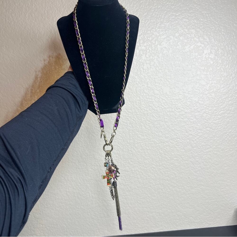 Betsey Johnson Purple Rhinestone Heart Knife CrossCharm Statement Chain Necklace - Picture 6 of 9